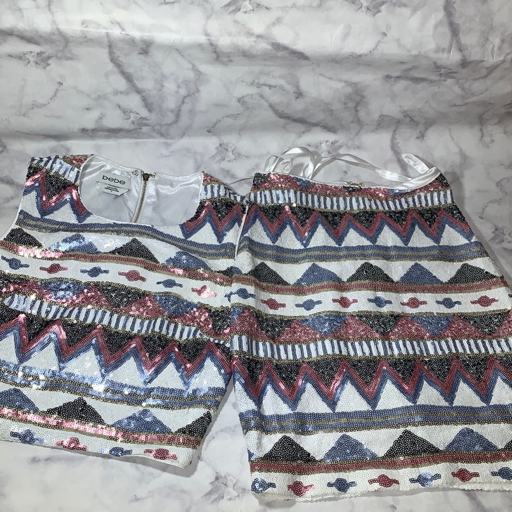 BEBE 2pcs Sequin multicolor crop-top and skirt